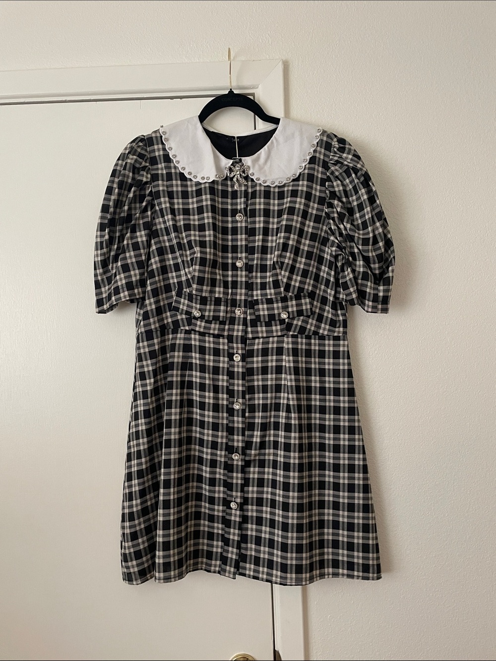 Sister Jane Quill Check Black and White Plaid Mini Dress with Peter Pan Collar